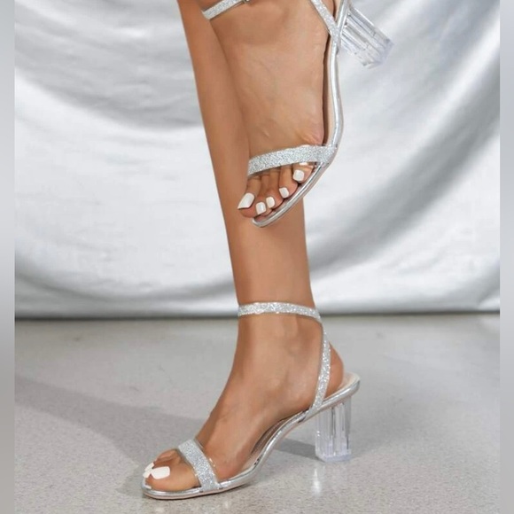 Glitter clear Chunky heeled ankle strap sandals, prom shoes, (9.5) - Picture 3 of 5